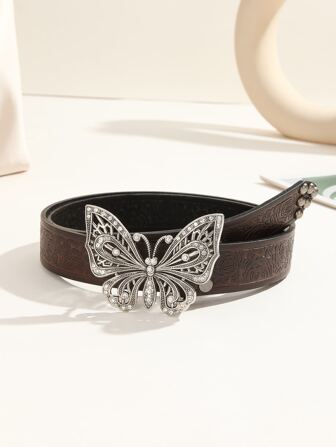 1 pieza Cinturón de mujer con hebilla de mariposa decorada con rhinestones y textura floral, para uso en la calle, verano, escuela, otoño, Halloween