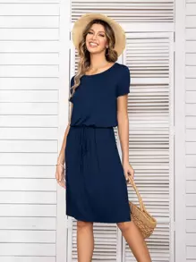 DEARCASE Vestido unicolor con cordón delantero - Azul Marino - Ver 1