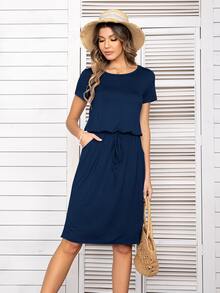 DEARCASE Vestido unicolor con cordón delantero - Azul Marino - Ver 4