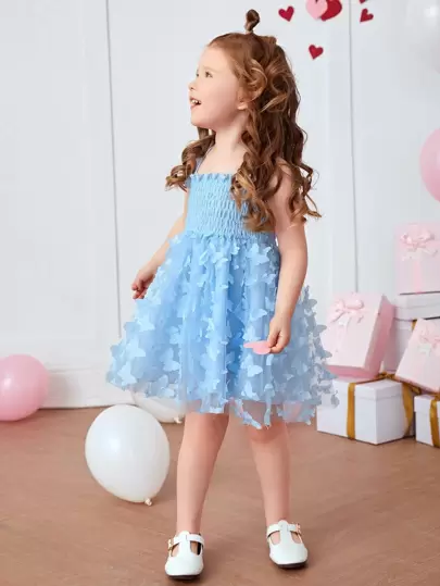 SHEIN Glamorique Kids Young Girl Shirred Frill Trim Butterfly Appliques Cami Dress,Holiday,Summer,Travel