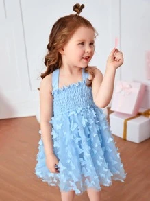 SHEIN Glamorique Kids Vestido Cami De Barras Frisadas Com Borboletas Aplicadas Para Menina Jovem