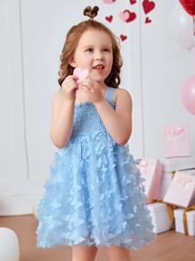 SHEIN Glamorique Kids Vestido Cami De Barras Frisadas Com Borboletas Aplicadas Para Menina Jovem