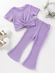SHEIN Elladie kids Young Girl Twist Hem Tee & Flare Leg Pants - Lilac Purple - View 1