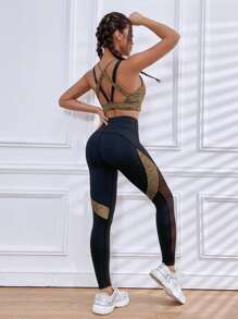 2 chiếc Da Rắn In Tập Yoga Tập Gym Mặc Quai Lưng Áo Ngực & Chiến Lợi Phẩm Điêu Khắc Lưới Chèn Quần Legging - Nhiều màu - Xem 3