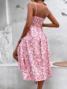 Breezaya Bohemian Shirred Cinched Waist Split Hem Cami Dress - Multicolor - View 2