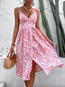 Breezaya Bohemian Shirred Cinched Waist Split Hem Cami Dress - Multicolor - View 5