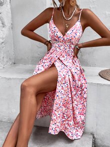 Breezaya Bohemian Shirred Cinched Waist Split Hem Cami Dress - Multicolor - View 6