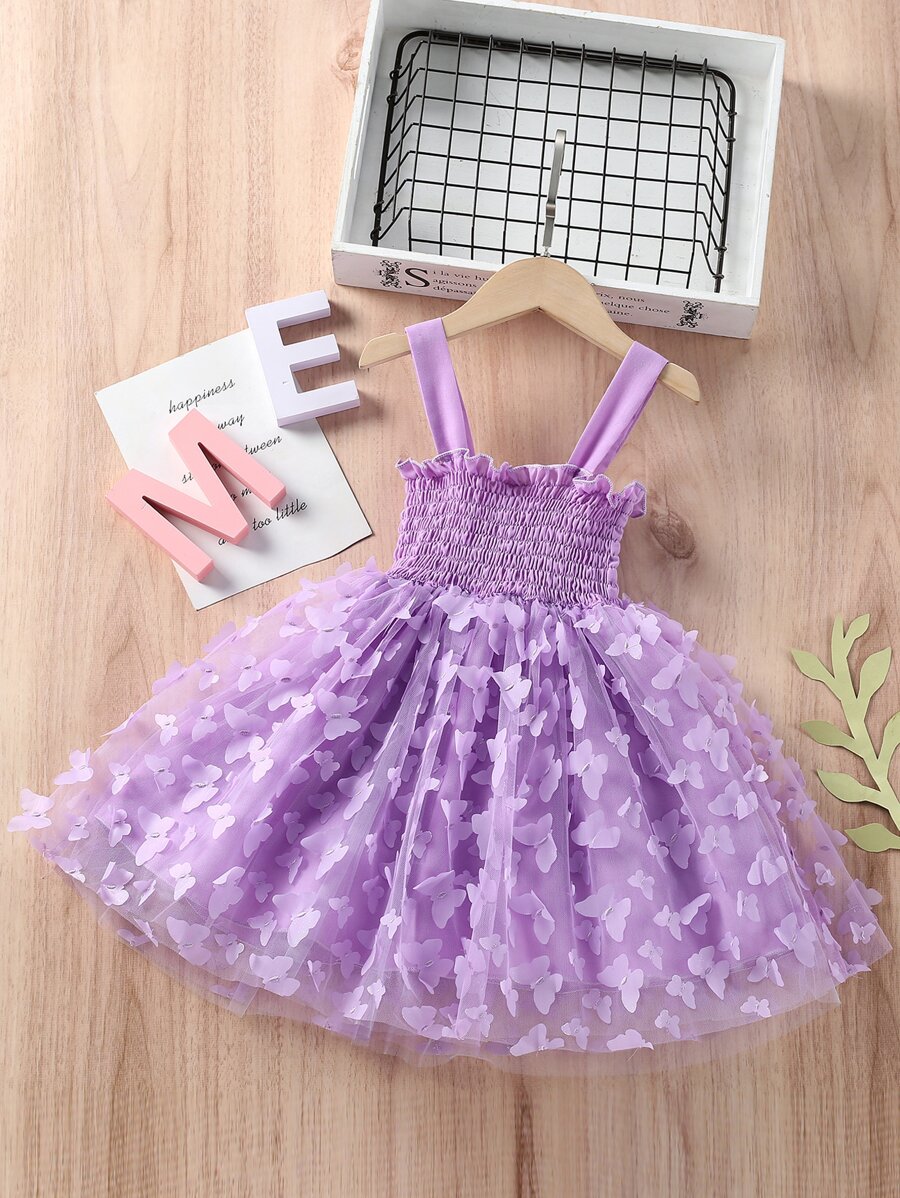 SHEIN 小女童打攬木耳邊蝴蝶貼花吊帶連衣裙 - 紫丁香色 - 查看 1
