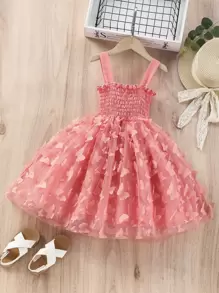 SHEIN 年輕女孩捲邊飾邊蝴蝶貼花背心裙 - 西瓜粉 - 查看 1