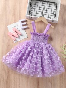 SHEIN 小女童打攬木耳邊蝴蝶貼花吊帶連衣裙 - 紫丁香色 - 查看 2