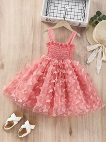 SHEIN 年輕女孩捲邊飾邊蝴蝶貼花背心裙 - 西瓜粉 - 查看 2