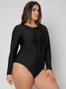 Swim SPRTY Summer Beach Plus Plain Zip Front One Piece Swimsuit