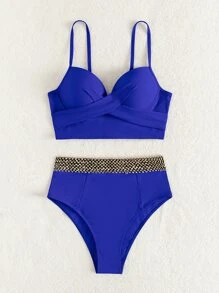 SHEIN Swim 實心縫細節升級高腰比基尼泳衣 - 寶藍色 - 查看 5