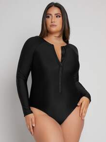 Swim SPRTY Summer Beach Plus Plain Zip Front One Piece Swimsuit