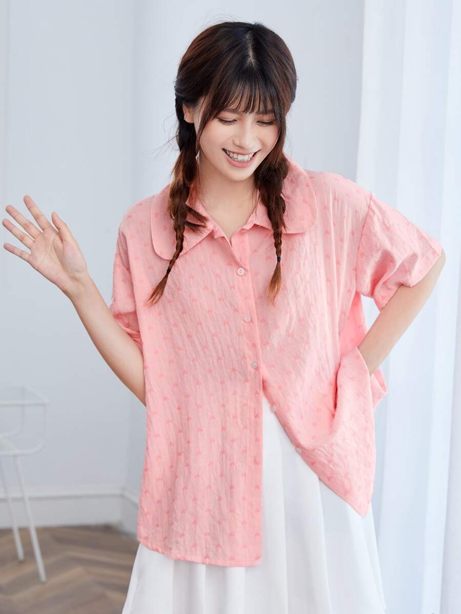 Gingham Drop Shoulder Oversized Shirt - Baby Pink - View 1
