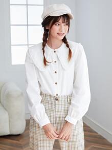 SHEIN Privé Statement Collar Lantern Sleeve Blouse - White - View 1