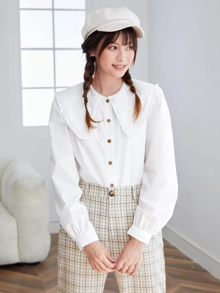 SHEIN Privé Statement Collar Lantern Sleeve Blouse - White - View 1