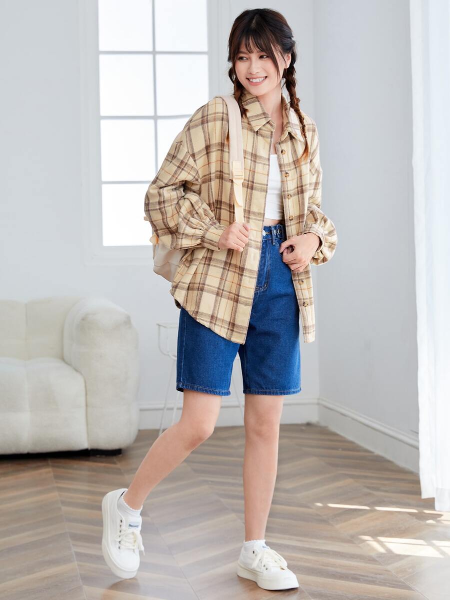 SHEIN EZwear 落肩格紋襯衫 - 卡其色 - 查看 1