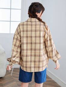 SHEIN EZwear 落肩格紋襯衫 - 卡其色 - 查看 2