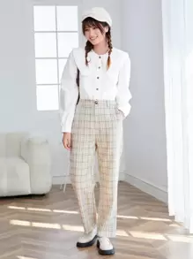 SHEIN Privé Statement Collar Lantern Sleeve Blouse - White - View 3