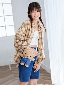 SHEIN EZwear 落肩格紋襯衫 - 卡其色 - 查看 4