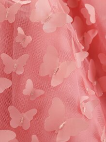 SHEIN 年輕女孩捲邊飾邊蝴蝶貼花背心裙 - 西瓜粉 - 查看 4