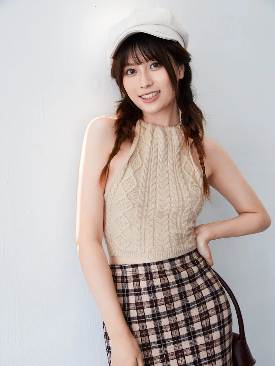 Solid Open Back Cable Knit Halter Top - Khaki - View 1
