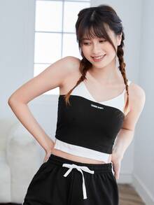 Áo hai dây Đắp vá Lá thư Giải trí - màu đen - Xem 1