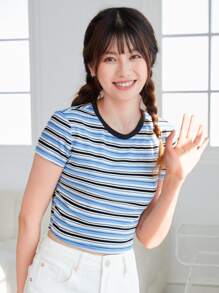 Muchica Contrast Neck Striped Rib-knit Crop Tee - Multicolor - View 1