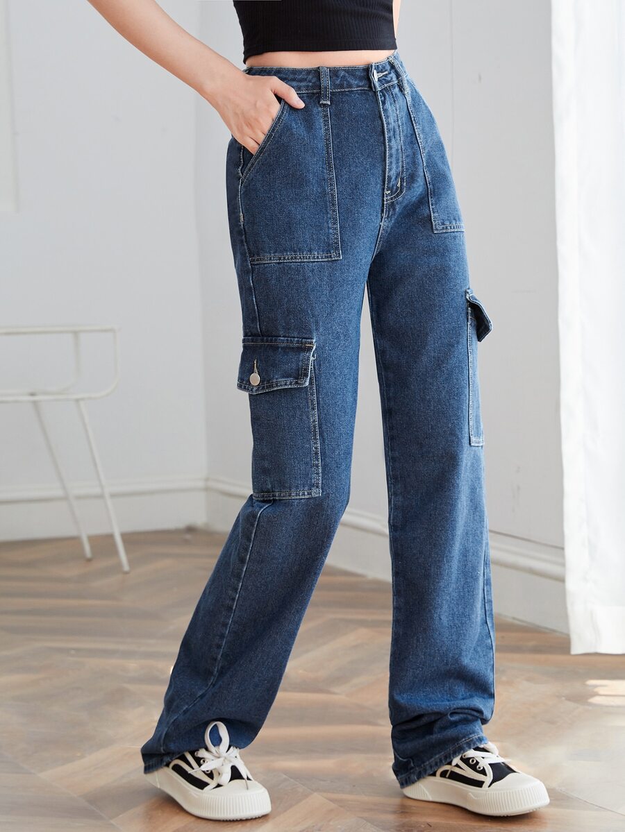 SHEIN EZwear High Waist Flap Pocket Side Jeans - Dark Wash - View 1