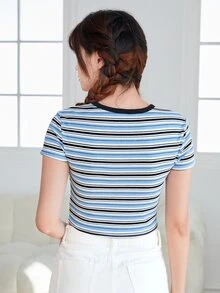 Muchica Contrast Neck Striped Rib-knit Crop Tee - Multicolor - View 2