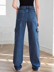 SHEIN EZwear High Waist Flap Pocket Side Jeans - Dark Wash - View 2