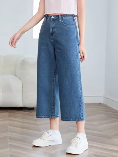 SHEIN Frenchy Zipper Fly Wide Leg Crop Jeans Summer