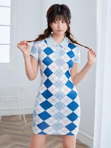 SHEIN Qutie Đầm Nút phía trước Hình học Giải trí - Xanh và trắng - Xem 3