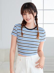 Muchica Contrast Neck Striped Rib-knit Crop Tee - Multicolor - View 4