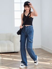 SHEIN EZwear High Waist Flap Pocket Side Jeans - Dark Wash - View 3