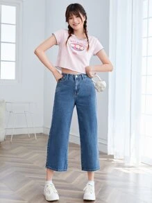 SHEIN Frenchy Zipper Fly Wide Leg Crop Jeans Summer
