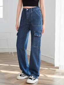 SHEIN EZwear High Waist Flap Pocket Side Jeans - Dark Wash - View 5