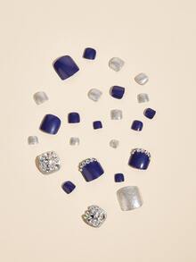 Nail Nina 24pcs Short Square 3D Rhinestone Decor Fake Toenail & 1pc Toenail File & 1sheet Tape - Blue - View 5