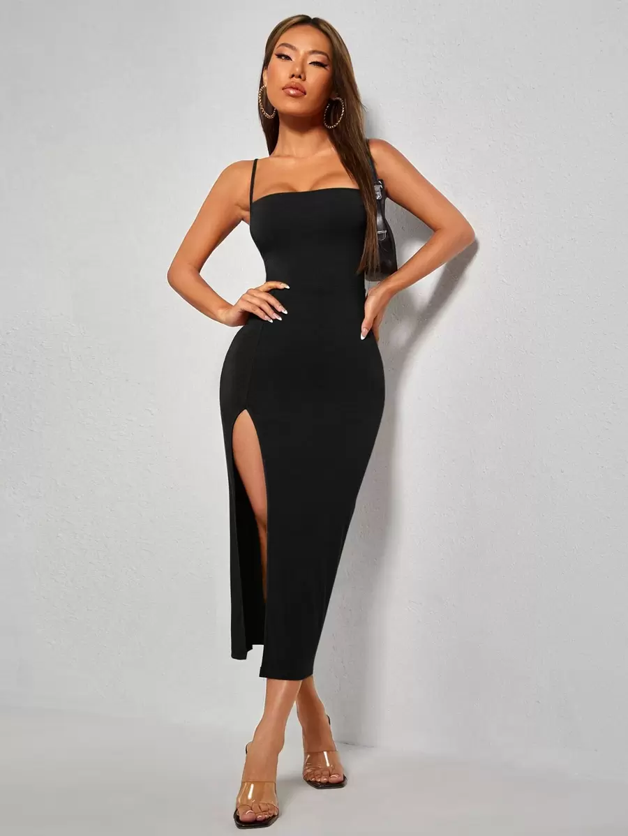 SHEIN PETITE Lace Up Backless Split Thigh Cami Black Bodycon Dress - Black - View 1