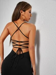 SHEIN PETITE Lace Up Backless Split Thigh Cami Black Bodycon Dress - Black - View 6