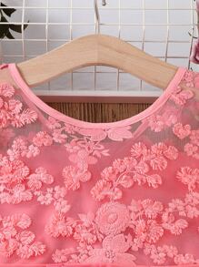 SHEIN Niñas Vestido con bordado floral con lazo delantero - Rosado Sandía - Ver 7