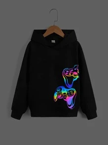 SHEIN Tween Boys' Reflective Game Machine Print Hooded Casual Sweatshirt, Suitable For Daily Wear In Spring And Autumn - Black - View 1
