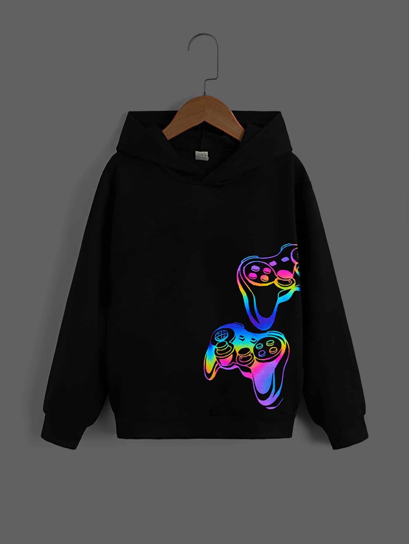 SHEIN Tween Boys' Reflective Game Machine Print Hooded Casual Sweatshirt, Suitable For Daily Wear In Spring And Autumn - Black - View 1