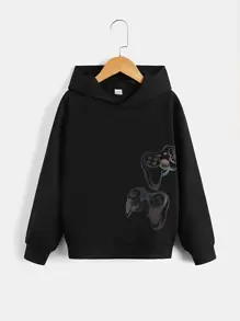 SHEIN Tween Boys' Reflective Game Machine Print Hooded Casual Sweatshirt, Suitable For Daily Wear In Spring And Autumn - Black - View 2