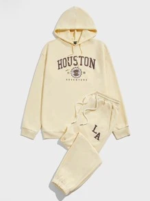 Manfinity VCAY 男士字母圖案抽繩連帽衫和運動褲 - 杏色 - 查看 1