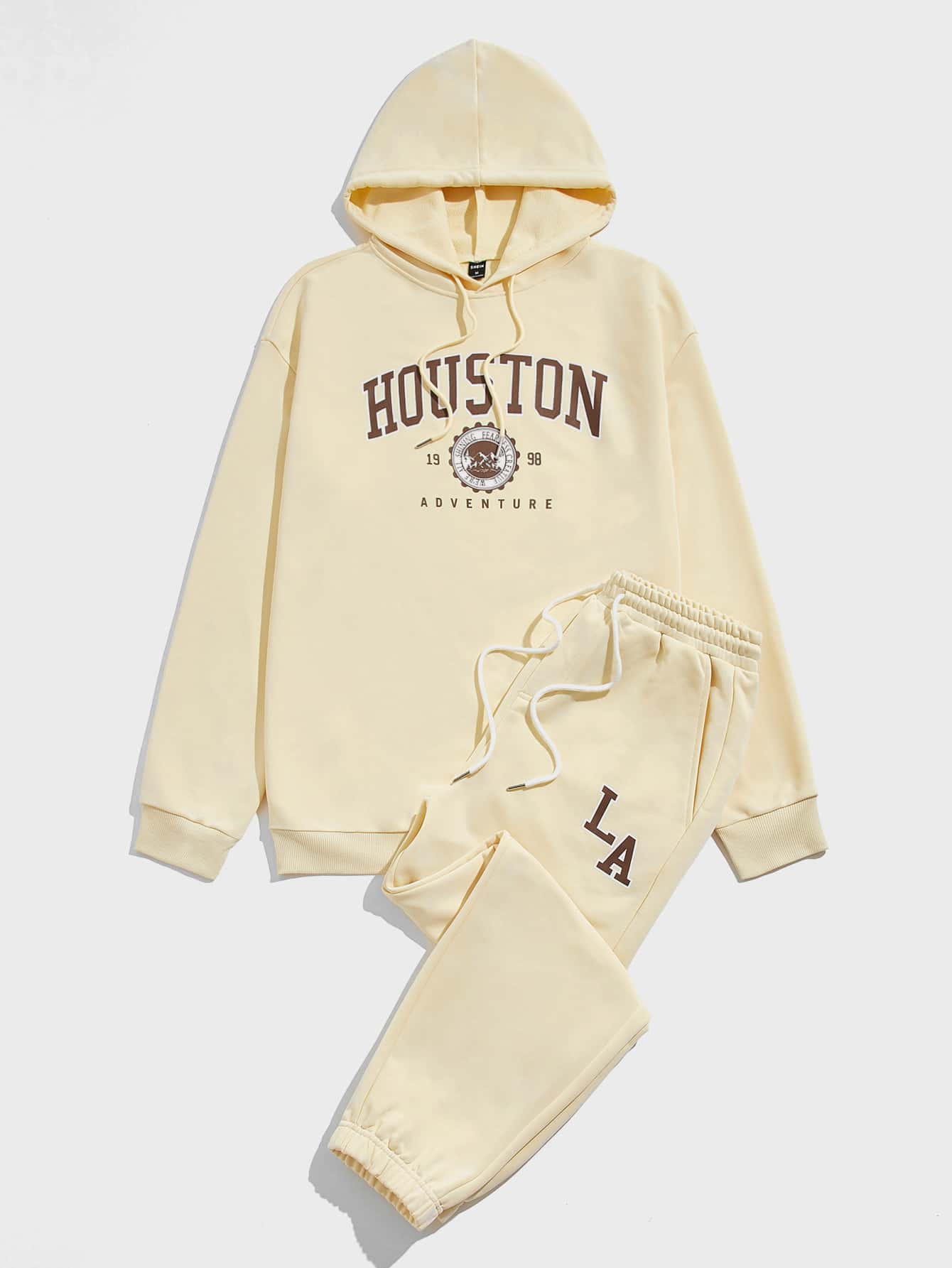 Manfinity VCAY 男士字母圖案抽繩連帽衫和運動褲 - 杏色 - 查看 1