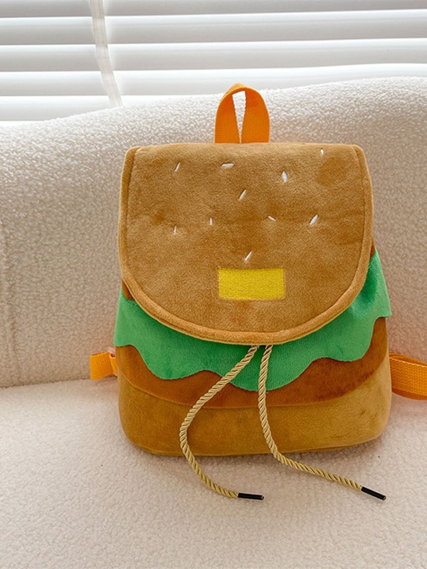 Lightweight Hamburger Design Backpack Purse, Cute Front Flap Drawstring