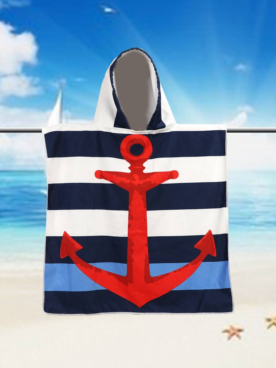 1入組兒童錨圖案沐浴超細纖維吸水兒童連帽浴巾適用於海灘 - 寶藍色 - 查看 1