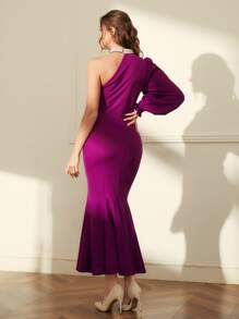 Modelyn 單肩燈籠袖魚尾裙下擺洋裝